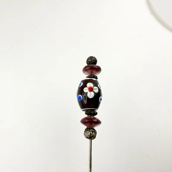 Victorian Lampwork Hat Pin Floral Glass Bead 7 Inch Antique Stick Pin - Picture 6 of 8